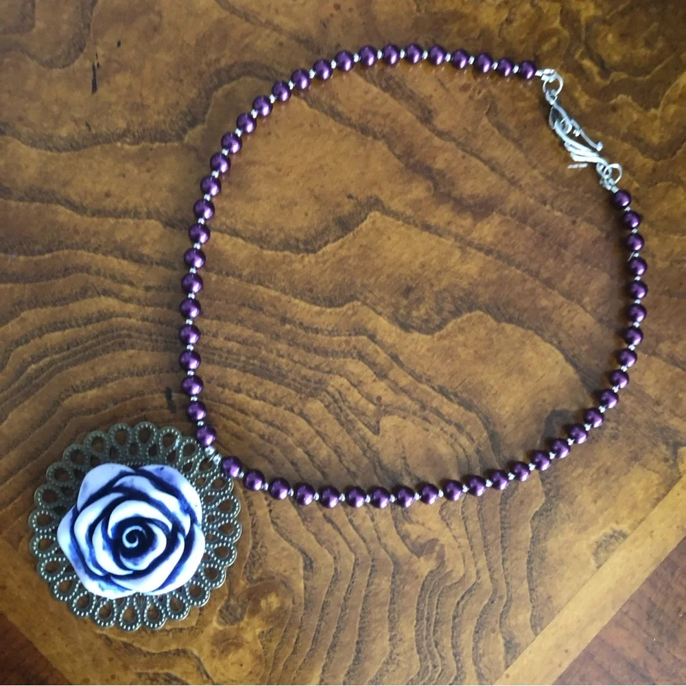 Handcrafted repurpose purple rose filigree pendant Czech glass Pearl necklace